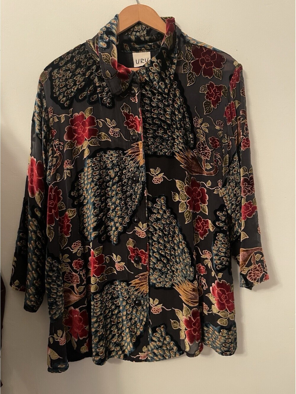 URU Silk Rayon Blend Velvet Burnout Peacock Blouse Button  Medium M Top Tunic